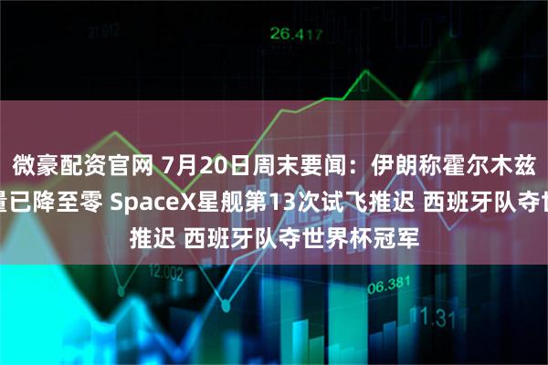 微豪配资官网 7月20日周末要闻:伊朗称霍尔木兹海峡通航量已降至零 SpaceX星舰第13次试飞推迟 西班牙队夺世界杯冠军